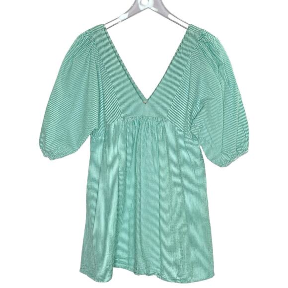 Urban Outfitters S Charlotte Seersucker Mini Dress Puff Sleeve Frock Green - Picture 2 of 10